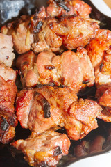 Delicious appetizing shish kebab of pork meat is in the plate