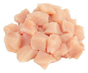 Heap of small piece raw chicken isolated on white background