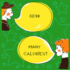 Conceptual hand writing showing How Many Calories. Business photo showcasing asking about nutritional requirement or consumption food Hand Wo analysis Talking photo with Color Speech Bubble