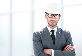 Fototapeta premium engineer in a shirt helmet construction company