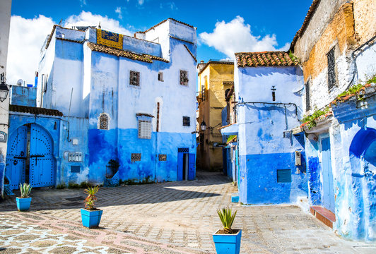 Amazing view of the street in the blue city of Chefchaouen. Location: Chefchaouen, Morocco, Africa. Artistic picture. Beauty world