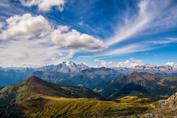 Wonderful landscape of  the Dolomites Alps. Amazing view of Marmolada mountain. Location: South Tyrol, Dolomites, Italy. Travel in nature. Artistic picture. Beauty world.