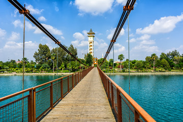 Suspension bridge located near the Sabanci Central Mosque in a center of Adana city, Turkey