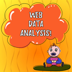 Text sign showing Web Data Analysis. Conceptual photo measurement collection analysis and reporting of site Baby Sitting on Rug with Pacifier Book and Blank Color Cloud Speech Bubble