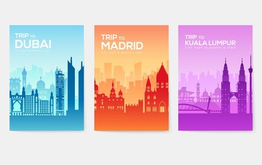 Travel information cards. Landscape template of flyear, magazines, posters, book cover, banners. Country of Chile, Canada, Thailand, Spain, Malaysia, Africa, Asia, Poland, UAE and Jerusalem set