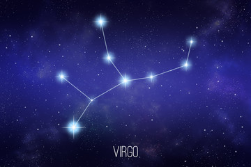 Virgo zodiac constellation on a starry space background with lettering