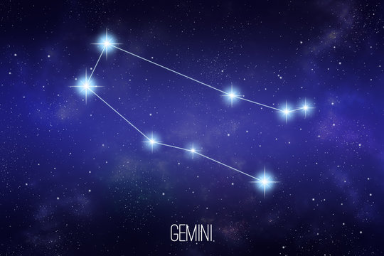 Gemini zodiac constellation on a starry space background with lettering