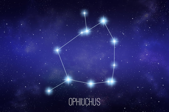 Ophiuchus zodiac constellation on a starry space background with lettering