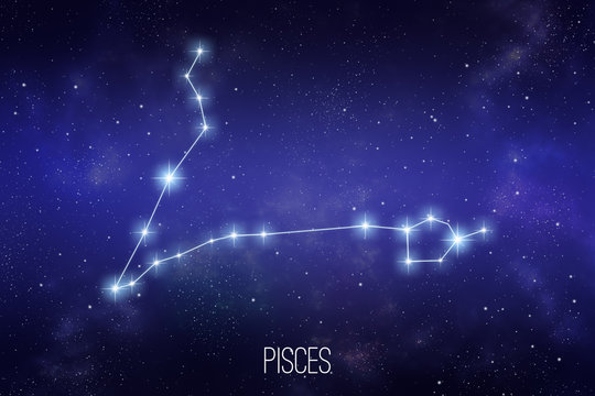 Pisces zodiac constellation on a starry space background with lettering