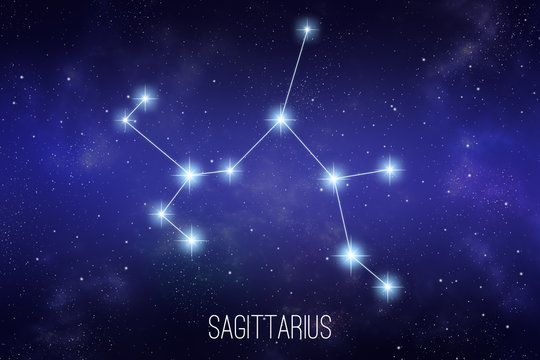 Sagittarius zodiac constellation on a starry space background with lettering