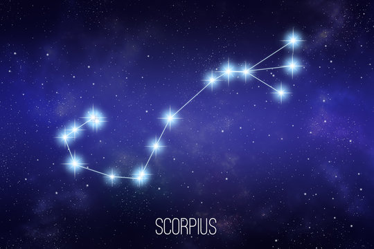 Scorpius zodiac constellation on a starry space background with lettering