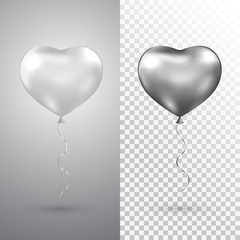 Fototapeta na wymiar Heart silver balloons set on transparent background. Helium glossy balloon. Realistic foil baloon for party, Christmas, Birthday, Valentines day, Womens day, wedding. Vector illustration