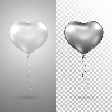 Heart silver balloons set on transparent background. Helium glossy balloon. Realistic foil baloon for party, Christmas, Birthday, Valentines day, Womens day, wedding. Vector illustration