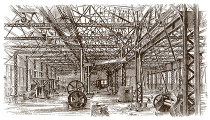 Interior iron construction of historical factory building, after engraving from 19th century