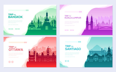 Travel information brochure card set. Landscape ñountry Thailand, Malaysia, Canada, Chile of template of flyear, web banner, ui header, enter site. Layout invintation modern slider
