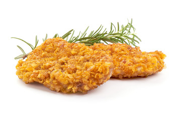 Fried Chicken nuggets with rosemary, close-up, isolated on white background
