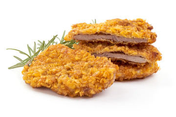 Chicken in breadcrumbs, delicious American dish for kids, homemade lunch, isolated on white background