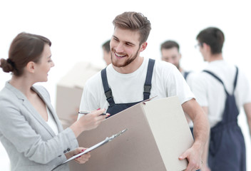 Fototapeta premium Manager and movers isolated on white background.