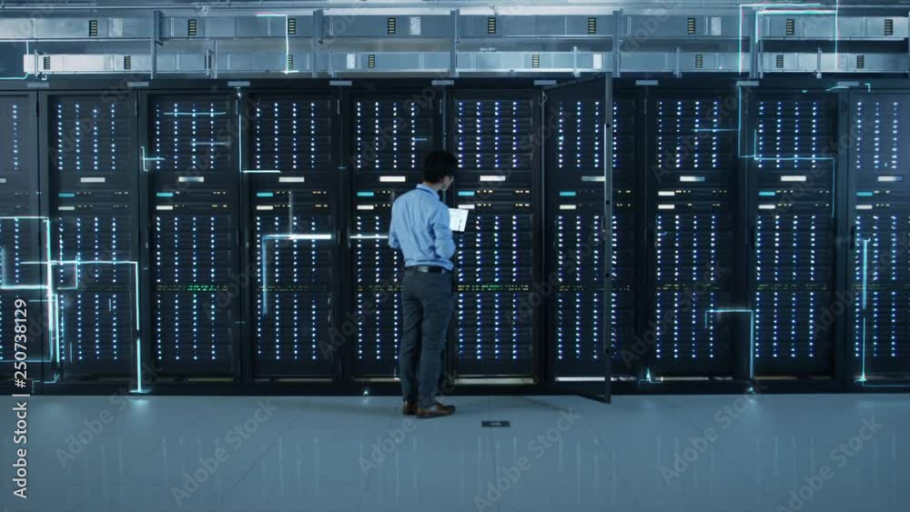Aufkleber The Concept of Digitalization of Information: IT Specialist Standing In front of Server Racks with Laptop, He Activates Data Center with a Touch Gesture. Animated Visualization of Network