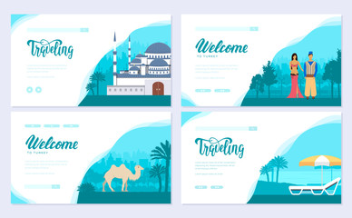 Naklejka premium Turkey country travel tour. Traditional fights with weapon brochure card set. Monument traditional, template of flyear, web banner, ui header, enter site. Layout invintation modern slider
