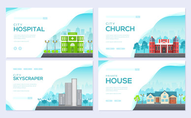 Building city brochure card set. Architecture template of flyear, web banner, ui header, enter site. Layout invintation modern slider