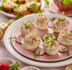 Deviled eggs, stuffed eggs filled with a paste made from smoked ham, mayonnaise, egg yolks and fresh chive on a plate.Tasty breakfast, appetizer for party or holiday meals