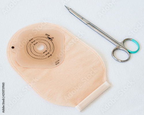 Top View On Ostomy Bag And Scissors Close Up Colostomy