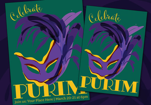 Purim Party Flyer Layout with Illustrations of Masks