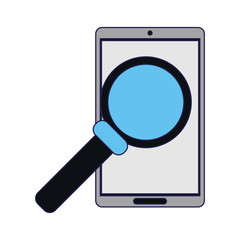 Smartphone mobile and magnifying glass blue lines