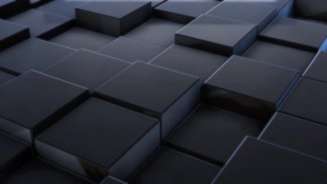Abstract motion background from random moving dark glossy 3d cubes