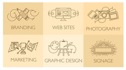 Creative design process concept with web studio development elements. Flat line icons modern style vector illustration set. 