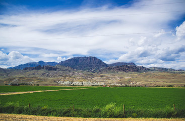 Landscape of field with green grass and mountains and clouds on back view. Memory card from vacation. Hills on the road to Yellowstone national park. Cody city. 