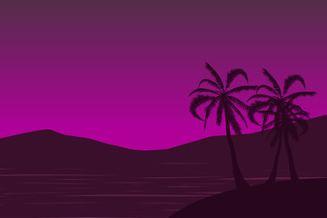 Tropical landscape. Summer background. Palm trees silhouette. Vector illustration