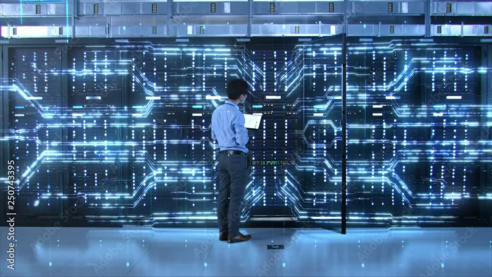 Aufkleber IT Specialist Standing In front of Server Racks with Laptop, He Activates Data Center with a Touch Gesture. 3D Animated Concept of Digitalization: Network of Lines Spreading Symmetrically. Zoom Out