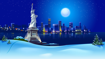 vector illustration of night snowy  landscape of New York
