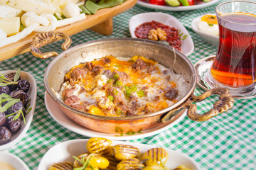 scorched egg, turkish breakfast, egg, tea olive, cheese - kavurmali yumurta