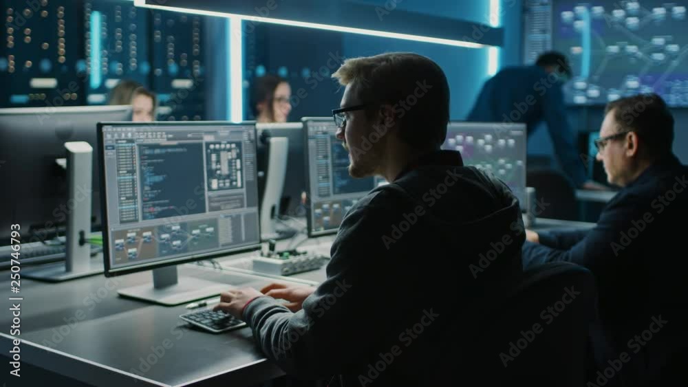 Aufkleber Team of IT Programers Working on Desktop Computers in Data Center Control Room. Young Professionals Writing on Sophisticated Programming Code Language