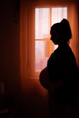 Silhouette of Pregnant Woman Standing next to the Window.