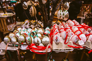 Budapest, Hungary - March 29, 2013: Street stall selling Easter eggs decorated with pretty...