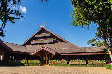 Beautiful landscape and architectural view of The Doi Tung royal villa, former residence of the princess mother Srinagarindra, located on Doi Tung hills, Chinang Rai, Thailand.