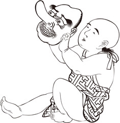 浮世絵　子供　その5　白黒