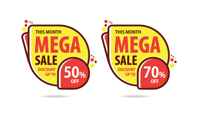 Mega Sale Discount Up To 50%. Banner Sticker Template. Flat Outline Design Vector Illustration.