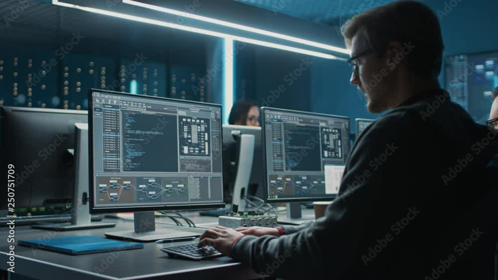 Poster Team of IT Programers Working on Desktop Computers in Data Center System Control Room. Team of Young Professionals Working In Software and Hardware Development, Doing Coding 