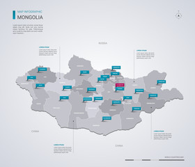 Mongolia vector map with infographic elements, pointer marks.