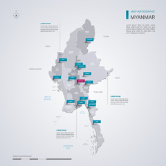 Myanmar (Burma) vector map with infographic elements, pointer marks.