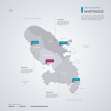 Martinique vector map with infographic elements, pointer marks.