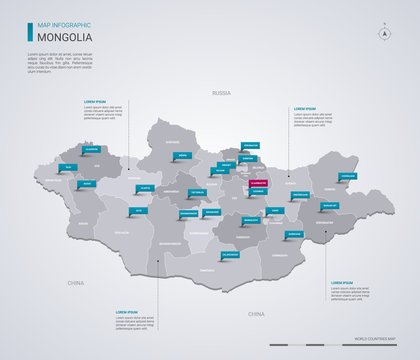 Mongolia vector map with infographic elements, pointer marks.
