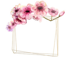Cherry blossom, Sakura Branch with pink flowers on gold frame and isolated white background. Image of spring. Frame. Watercolor illustration. Design elements. flowers on top