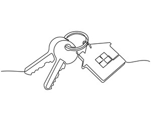continuous line drawing of House keys with house shaped keychain, Real estate concept, isolated on white background. vector