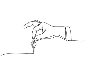 continuous line drawing of Real estate agent giving keys to apartment owner, buying selling property business. Close up of (male or women) hand taking house key from realtor.